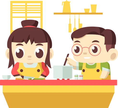 Enfants préparant des aliments dans la cuisine  Illustration