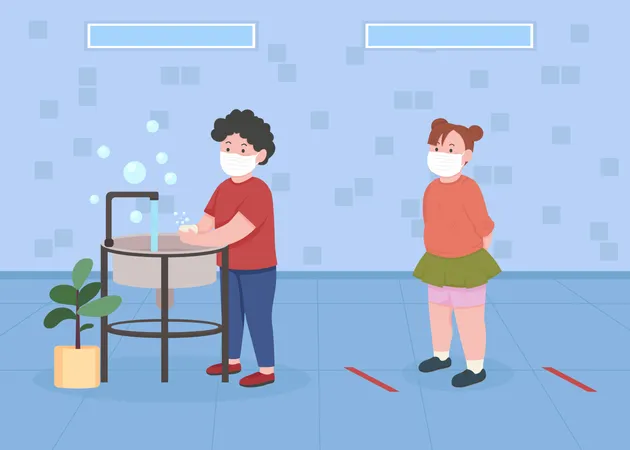 Enfants dans la salle de bain avec distance sociale  Illustration