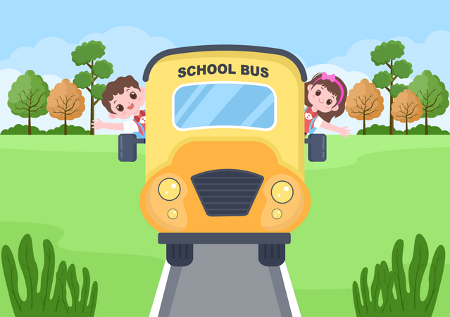 Enfants dans le bus scolaire  Illustration
