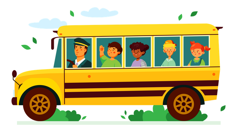Enfants dans le bus scolaire  Illustration