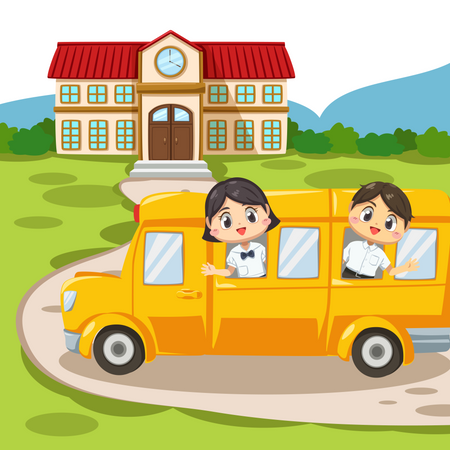 Enfants dans le bus scolaire  Illustration