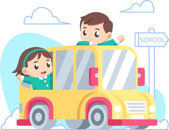 Enfants dans un autobus scolaire allant à l'école  Illustration