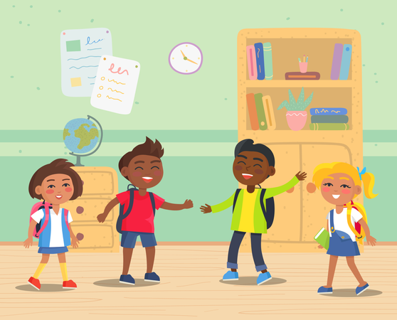 Enfants de l'école primaire avec des sacs à dos en classe  Illustration