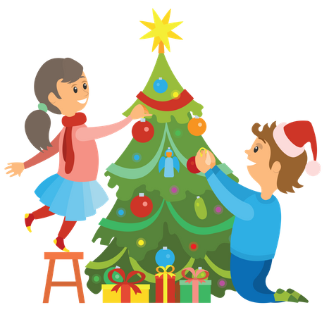 Enfants décorant le sapin de Noël  Illustration