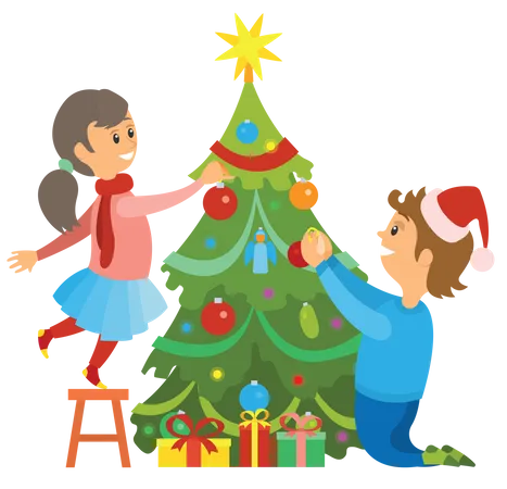 Enfants décorant le sapin de Noël  Illustration