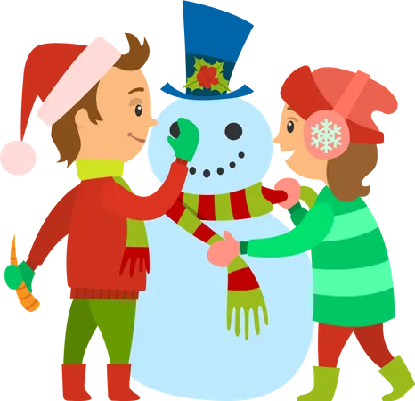 Enfants décorant un bonhomme de neige  Illustration