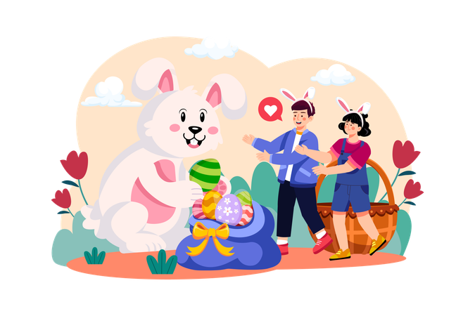Des enfants demandent au lapin de Pâques un cadeau de Pâques  Illustration