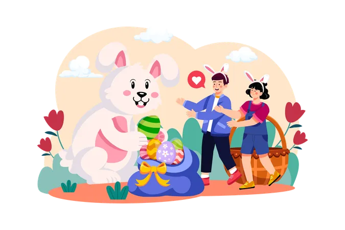 Des enfants demandent au lapin de Pâques un cadeau de Pâques  Illustration