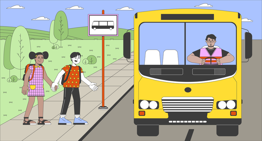 Des enfants de tous âges montent dans un bus scolaire  Illustration