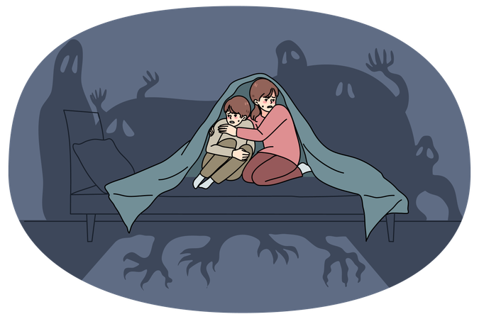 Les petits enfants effrayés ont peur des fantômes  Illustration