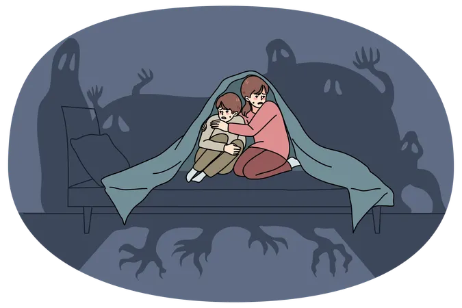 Les petits enfants effrayés ont peur des fantômes  Illustration