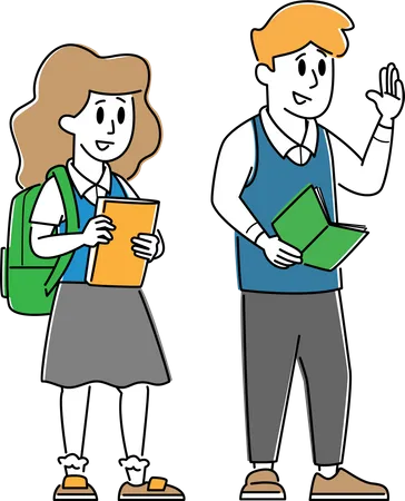 Enfants élèves portant un uniforme avec des sacs à dos et des manuels scolaires  Illustration
