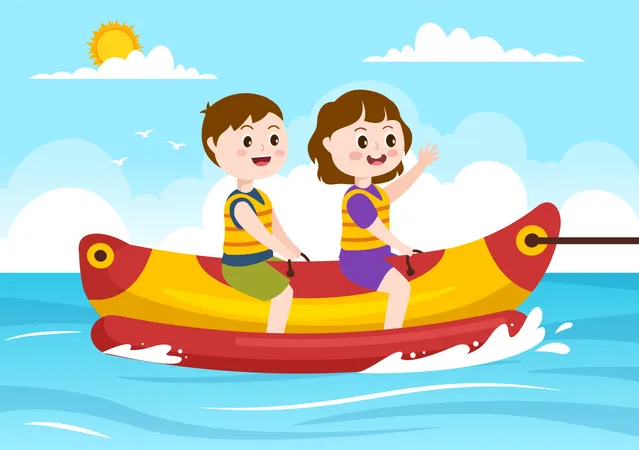 Enfants faisant du jet ski en bateau banane  Illustration