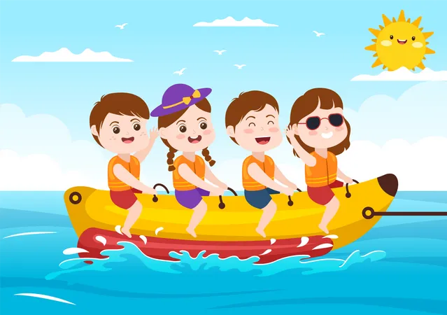 Enfants faisant du jet ski en bateau banane  Illustration