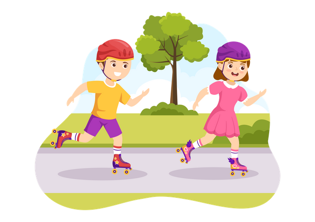 Enfants faisant des patins à roulettes dans le parc  Illustration