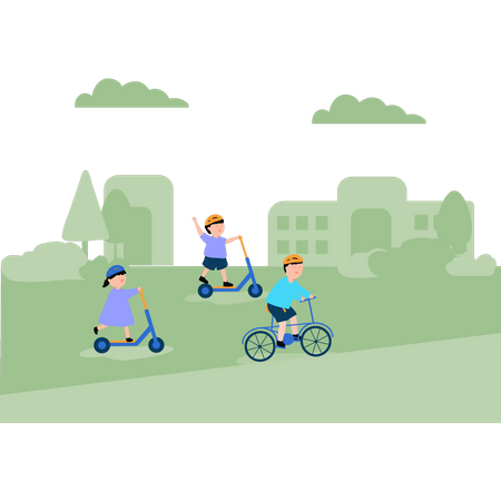 Enfants faisant du vélo de patinage dans le parc  Illustration