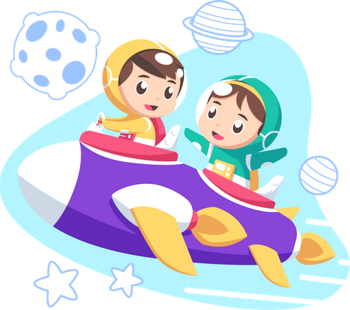 Enfants chevauchant un vaisseau spatial  Illustration