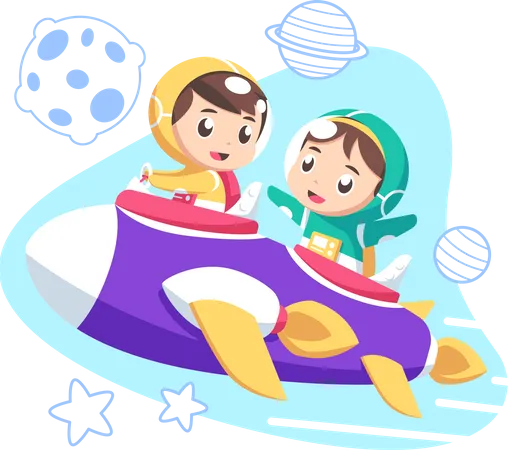 Enfants chevauchant un vaisseau spatial  Illustration