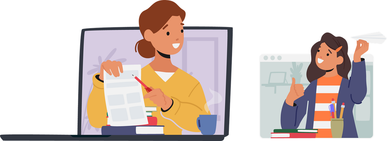 Enfants étudiant en ligne à la maison  Illustration