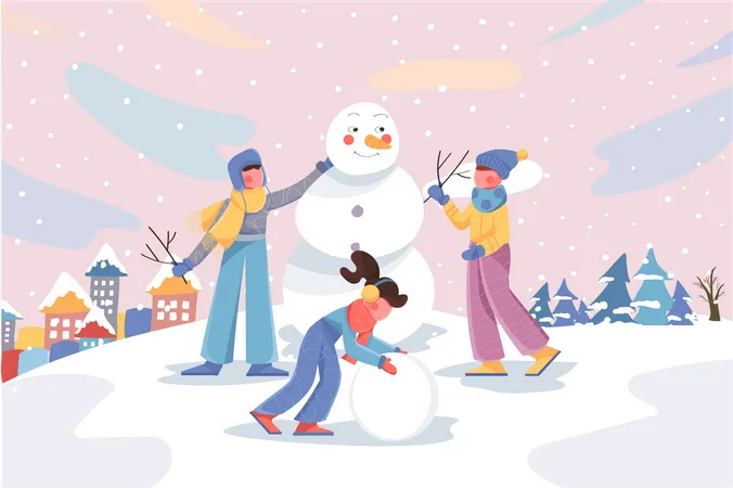 Les enfants font un bonhomme de neige  Illustration