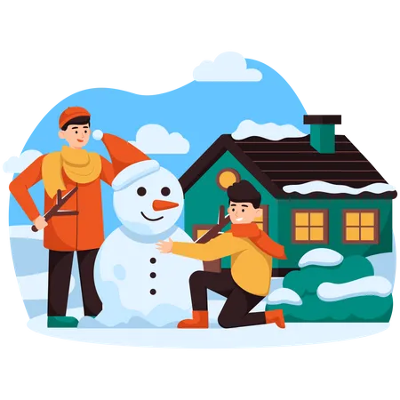 Enfants faisant un bonhomme de neige  Illustration