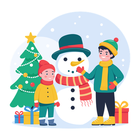 Les enfants font un bonhomme de neige pendant Noël  Illustration