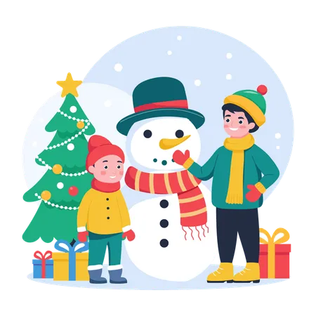 Les enfants font un bonhomme de neige pendant Noël  Illustration