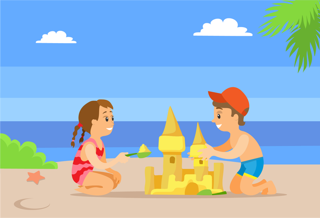 Enfants faisant un château sur la plage  Illustration