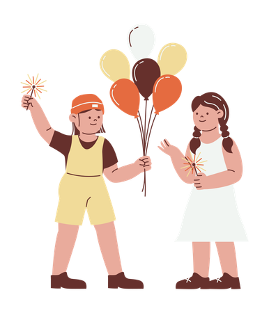 Les enfants font la fête avec des ballons et des cierges magiques  Illustration