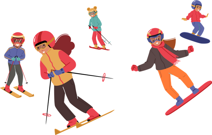 Enfants vêtus de vêtements d'hiver faisant du snowboard et du ski en montagne  Illustration