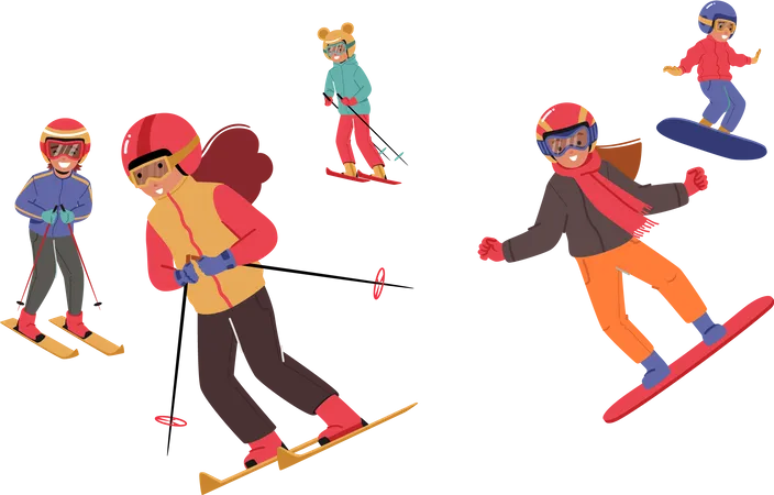 Enfants vêtus de vêtements d'hiver faisant du snowboard et du ski en montagne  Illustration