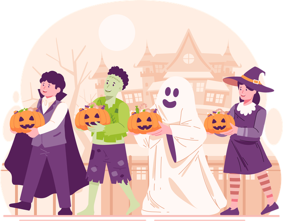 Des enfants vêtus de costumes d'Halloween se promènent la nuit pour obtenir des bonbons grâce à des bonbons ou des friandises  Illustration