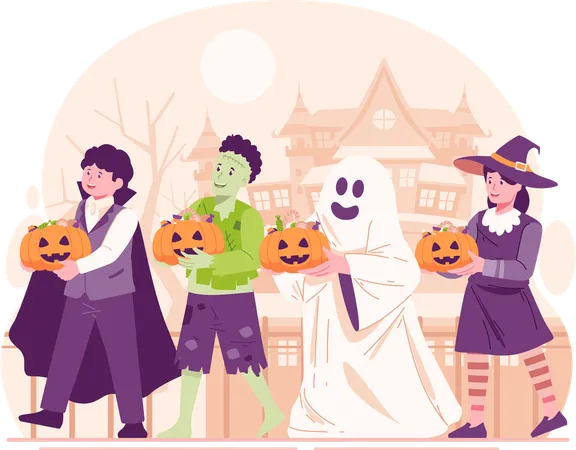 Des enfants vêtus de costumes d'Halloween se promènent la nuit pour obtenir des bonbons grâce à des bonbons ou des friandises  Illustration