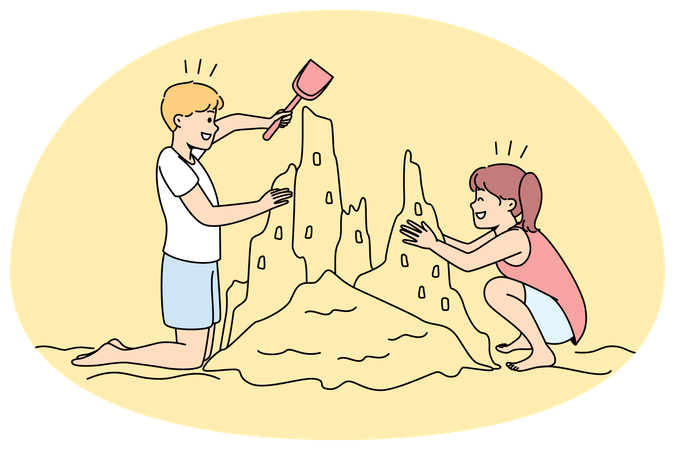 Des enfants heureux construisent un château de sable  Illustration