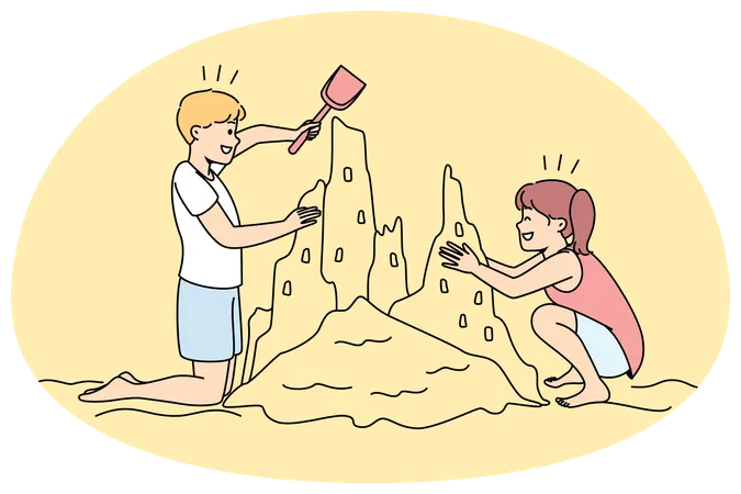 Des enfants heureux construisent un château de sable  Illustration