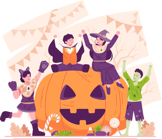 Enfants heureux dans différents costumes d'Halloween assis sur une citrouille géante  Illustration