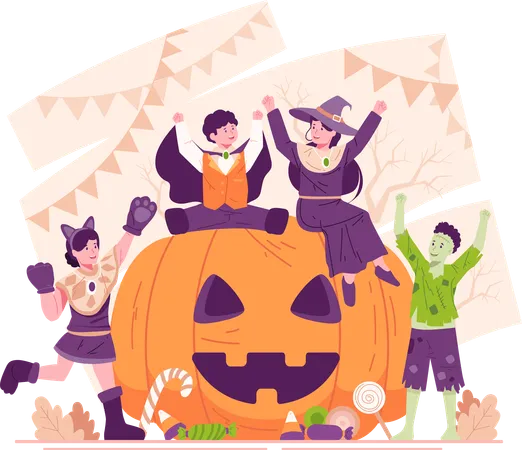 Enfants heureux dans différents costumes d'Halloween assis sur une citrouille géante  Illustration