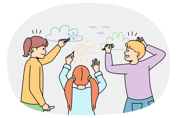 Des enfants heureux dessinent ensemble sur un mur blanc  Illustration