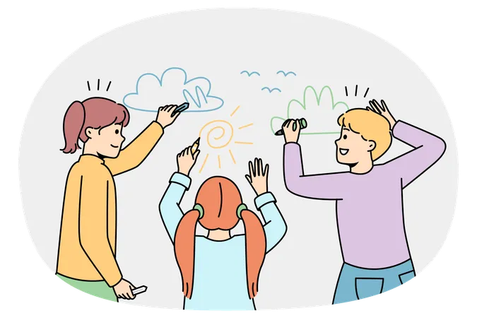 Des enfants heureux dessinent ensemble sur un mur blanc  Illustration