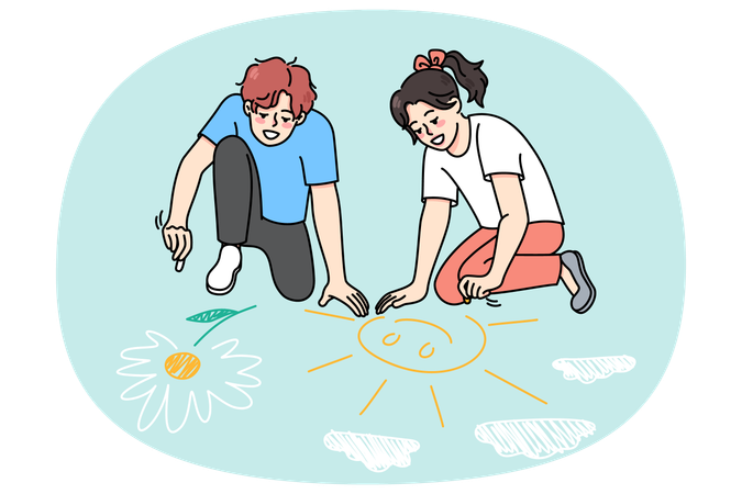Des enfants heureux dessinent sur le sol avec de la craie  Illustration