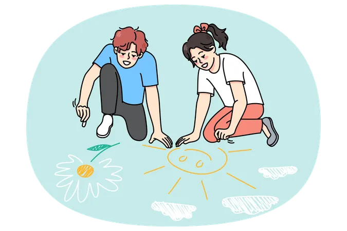 Des enfants heureux dessinent sur le sol avec de la craie  Illustration