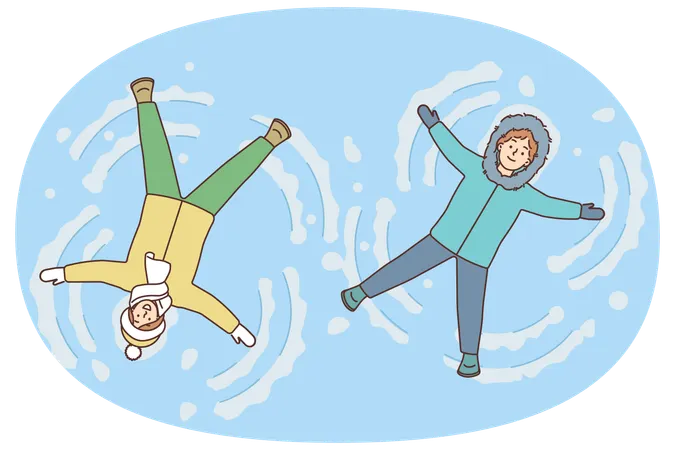 Des enfants heureux font des anges dans la neige  Illustration