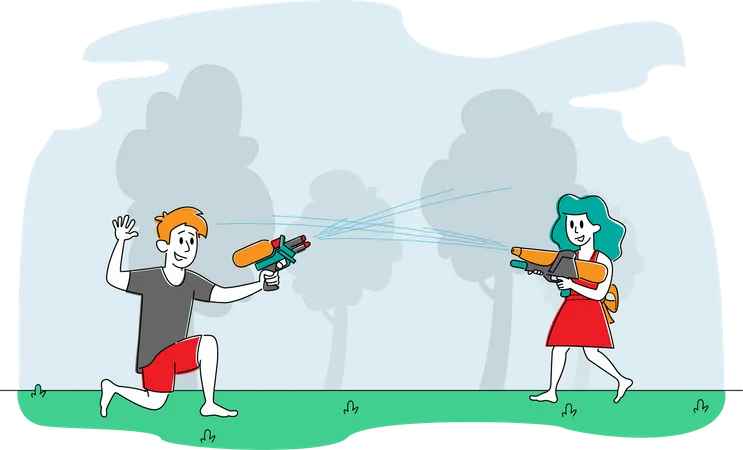 Enfants heureux jouant au tir avec des pistolets à eau  Illustration