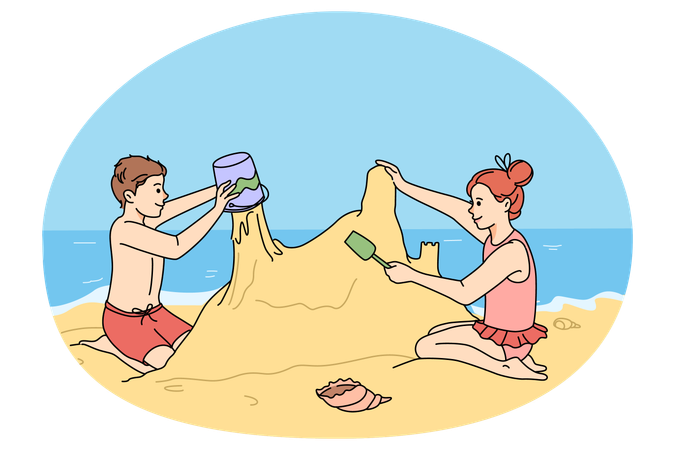 Des enfants heureux jouent à construire des châteaux de sable pendant les vacances  Illustration