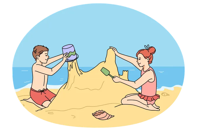 Des enfants heureux jouent à construire des châteaux de sable pendant les vacances  Illustration