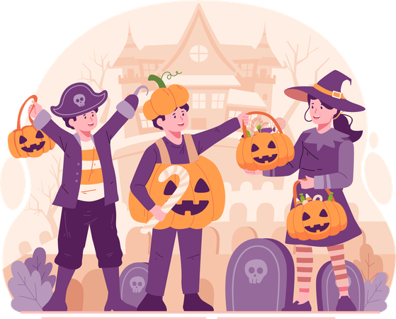 Heureux enfants mignons vêtus de costumes d'Halloween  Illustration