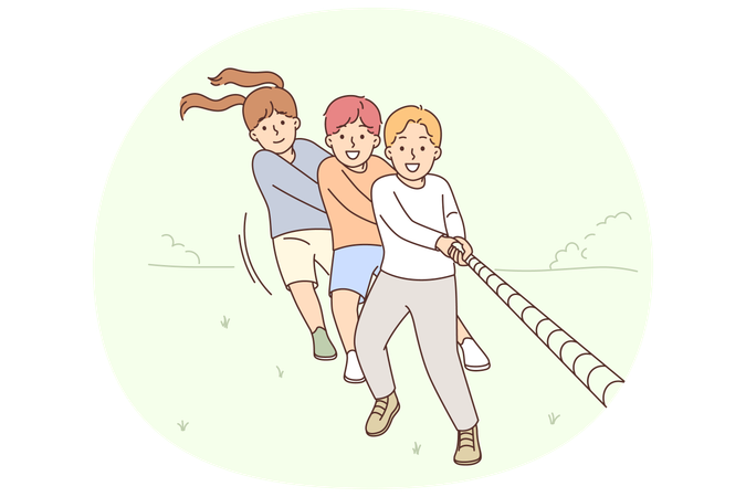 Des enfants heureux tirent ensemble sur une corde en participant à des compétitions en plein air et en profitant d'activités de plein air  Illustration
