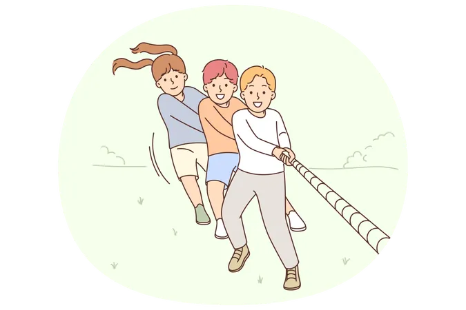Des enfants heureux tirent ensemble sur une corde en participant à des compétitions en plein air et en profitant d'activités de plein air  Illustration