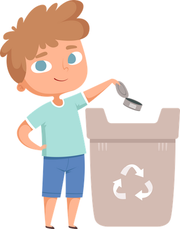 Des enfants jettent des déchets dans une poubelle  Illustration