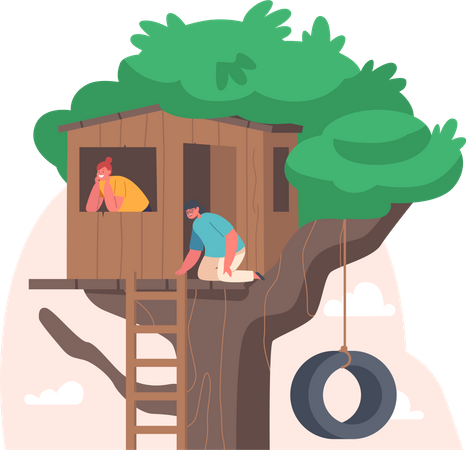 Enfants jouant dans une cabane dans les arbres  Illustration